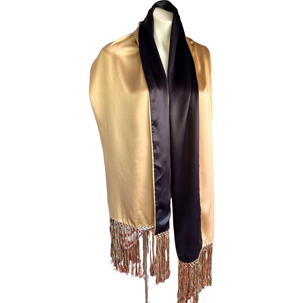 Vintage 1930s Reversible Silk Charmeuse Scarf Wrap Gold Black 21x88 - Picture 5 of 15
